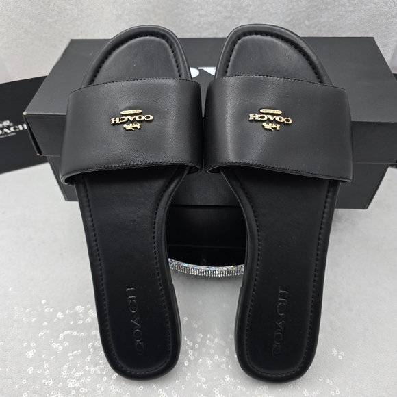 Coach Shoes - Coach Slide Sandal Black Leather Goldtone Hardward Elegant Silhouette Womens 10